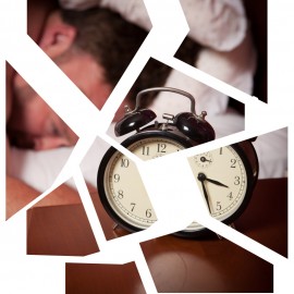 man in bed, eyes wide open, clock showing 3:30 (presumably a.m.). The picture is broken up on a white background- "fractured"